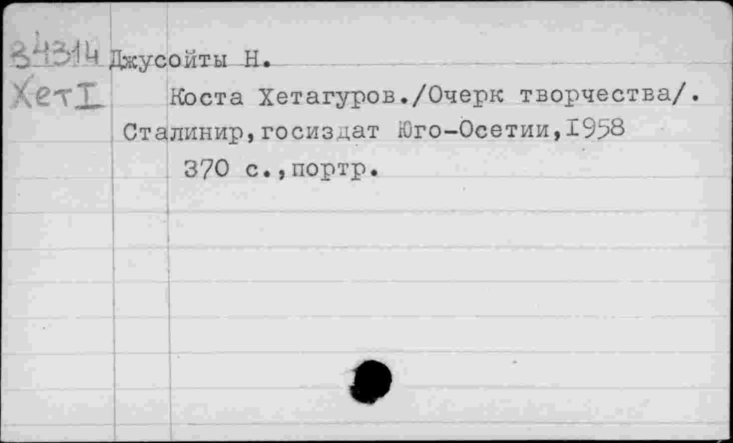 ﻿у|1ч Джусойты Н.
Ке-гГ Коста Хетагуров./Очерк творчества/.
Сталинир,Госиздат Юго-0сетии,19>8 370 с.,портр.